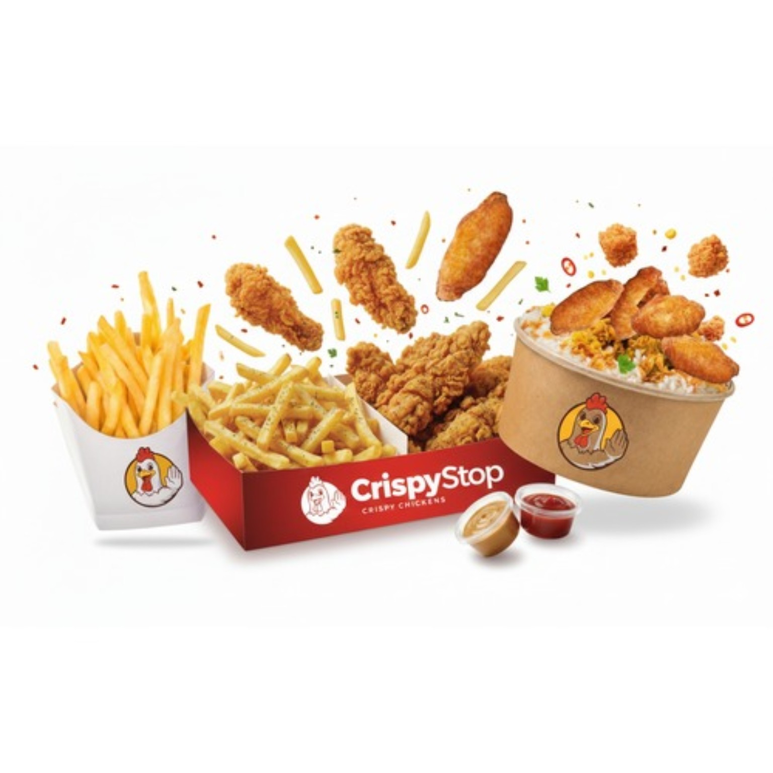 L’assortiment CRISPYstop : poulet croustillant, frites, bowl et sauces
